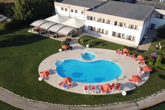 Aerial view of the custom outdoor swimming pool of the hotel in Mamaia